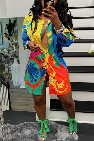 Fashion Casual Plus Size Print Basic Turndown Collar Shirt Dress
